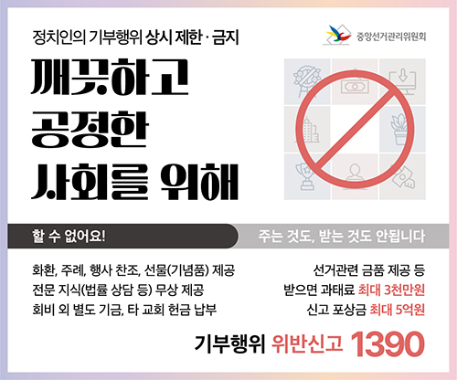 정치인의 기부행위 상시 제한·금지
깨끗하고 공정한 사회를 위해
할수 없어요!
화환, 주례, 행사 찬조, 선물(기념품) 제공
전문 지식(법률 상담 등) 무상 제공
회비 외 별도 기금, 타 교회 현금 납부
주는 것도, 벋는 것도 안됩니다
선거관련 금품 제공 등
받으면 과태료 최대 3천만원
신고 포상금 최대 5억원
기부행위 위반신고 1390