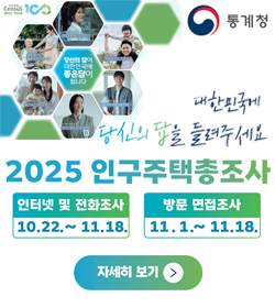 대한민국에 당신의 답을 들려주세요
2025 인구주택총조사
인터넷 및 전화조사 : 10.22.~11.18.
방문 면접 조사 : 11.1.~11.18.
자세히보기