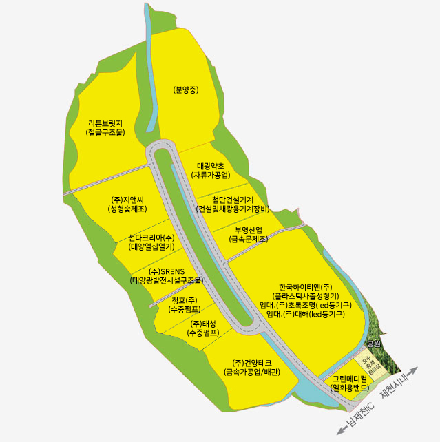양화테크노빌 단지안내표 왼쪽 위부터 아래로 리튼브릿지(철골구조물), (주)지앤씨(성형숯제조), 선다코리아(주)(태양열집열기), (주)SRENS(태양광발전시설구조물), 청호(주)(수중펌프), (주)태성(수중펌프), (주)건양테크(금속가공업/배관)이 있으며, 오른쪽 위부터 아래로는 (분양중), 대광약초(차류가공업), 첨단건설기계(건설및채광용기계장비), 부영산업(금속문제조), 한국하이티엔(주)(플라스택사출성형기) 임대:(주)초록조명(led등기구) 임대:(주)대해(led등기구), 그린메디컬(일회용밴드) 오수 중계원료장 남쪽으로는 남제천IC와 제천시내로 가는길이 있습니다.